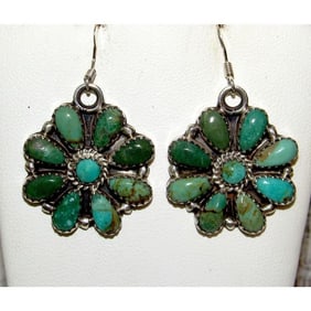 Navajo Turquoise Cluster Dangle Earrings Sterling Silver Native American Signed