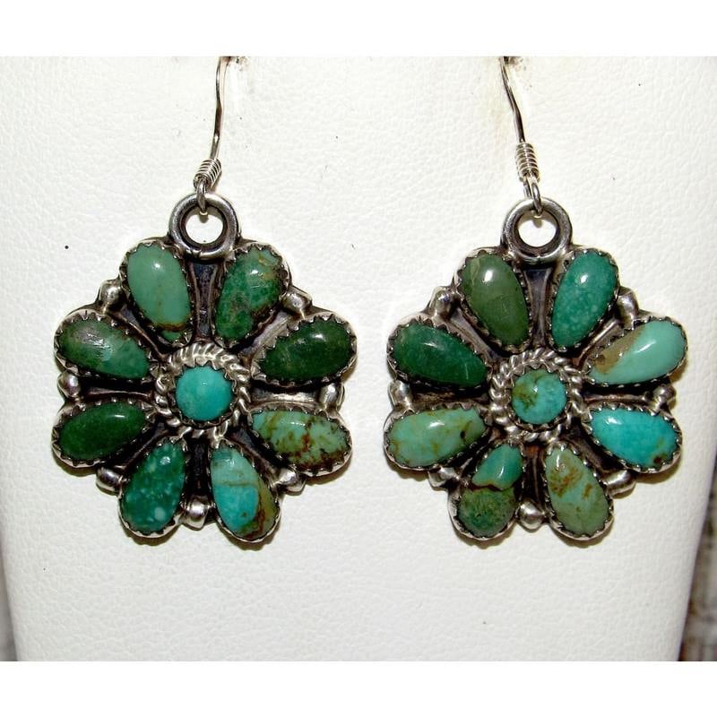 Navajo Turquoise Cluster Dangle Earrings Sterling Silver Native American Signed (1 of 2)
