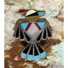 VTG Onyx & Turquoise Thunderbird Zuni Sterling Silver Inlay Ring Size 10 A Wallace