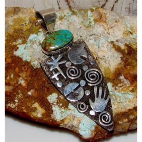 Massive Navajo Alex Sanchez Petroglyph Pendant Sterling Silver Turquoise