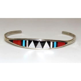 Zuni Inlay Turquoise Coral Bracelet Sterling Silver C. Weebothee Stacker