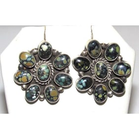 Navajo Black Jack Turquoise Cluster Earrings B. Lee Sterling Silver