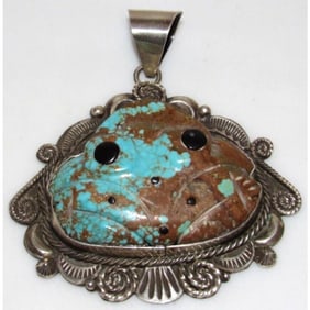VTG Navajo Sterling Silver Number 8 Turquoise Carved Frog Pendant by Tommy Long