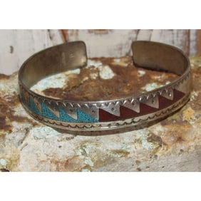 Early Vintage Navajo  Turquoise Coral Inlay Cuff Bracelet Sterling