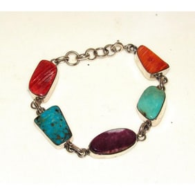Navajo Turquoise Orange Purple Spiny Adjustable Link Bracelet Sterling J. Yazzie