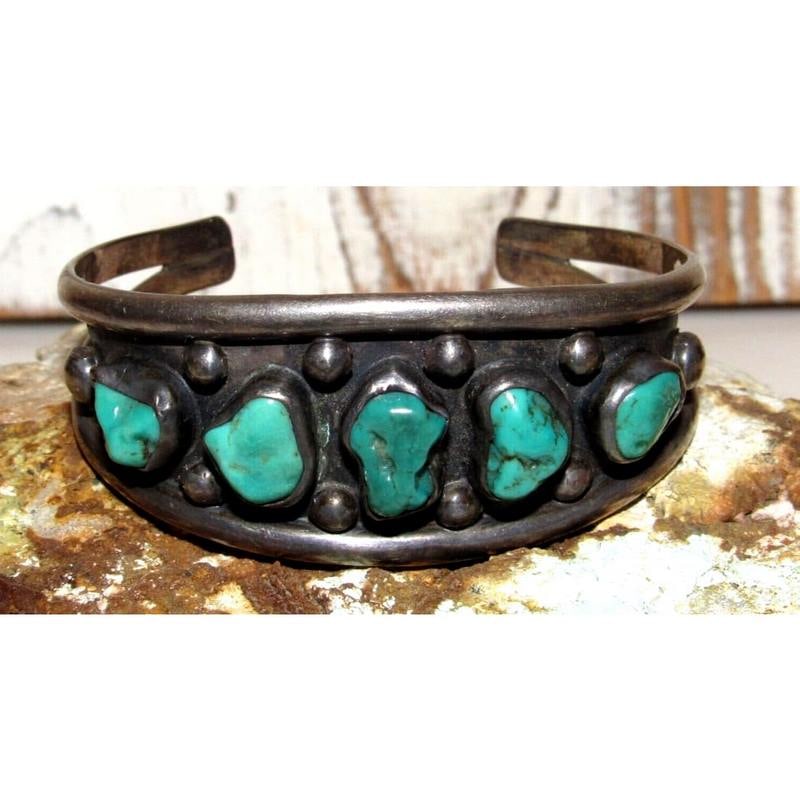Old Pawn Navajo Cerillos Turquoise Cuff Bracelet Sterling Silver Native American (1 of 4)