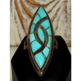 VTG Zuni Turquoise Inlay Statement Ring Size 8 Sterling Silver Native Old Pawn