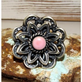 Navajo Pink Conch Flower Statement Ring Size 9 Sterling Silver T. Long