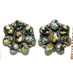 Navajo New Lander Turquoise Cluster Earrings L. Yazzie Sterling Silver