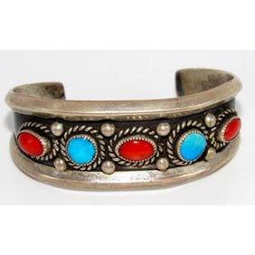 Old Pawn Navajo Turquoise Coral Statement Cuff Bracelet Sterling Silver