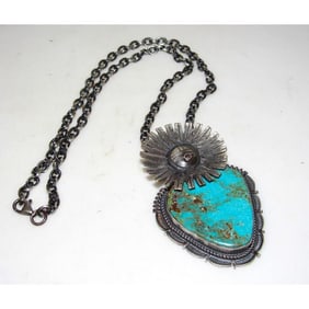 Navajo Bennie Ration Sterling Silver Large Royston Turquoise Kachina Necklace