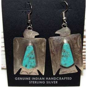 VTG Navajo Thunderbird Earrings Hand Stamped Sterling Silver Royston Turquoise