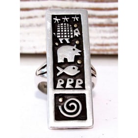 Native American Santo Domingo Petroglyph Ring Sz 9 Sterling Silver 14K J. Coriz