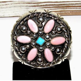 Navajo Pink Conch 7 Turquoise Cluster Ring Size 5 Sterling Silver J Begay
