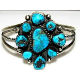 VTG Navajo Turquoise Cluster Cuff Bracelet Sleeping Beauty Mine Sterling Silver