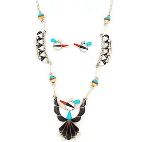 Zuni Inlay Thunderbird Necklace Earrings Set L. Ahiyite Sterling Silver