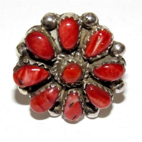 Navajo Red Orange Cluster Ring Sz 8 Sterling Silver M. Apachito