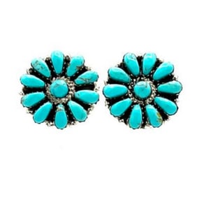 Navajo Turquoise Cluster Earrings Sterling Silver Becenti 1"