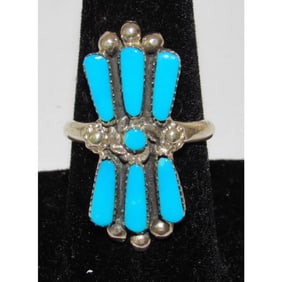 Zuni Turquoise Cluster Ring Sz 8 Sterling Silver Native American Connie Hattie