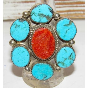 Navajo Turquoise Cluster Statement Ring Sz 8.5 Sterling Silver Signed
