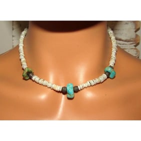 Old Pawn Navajo Heishi Choker Necklace Turquoise Nugget Rolled Shell Native
