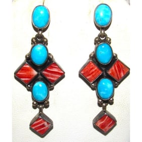 VTG Navajo Red Spiny Turquoise Cluster Sterling Silver Dangle Earrings Native