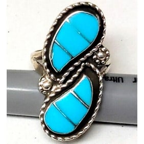 Zuni Turquoise inlay Ring Sz 6.5 Sterling Silver Native American