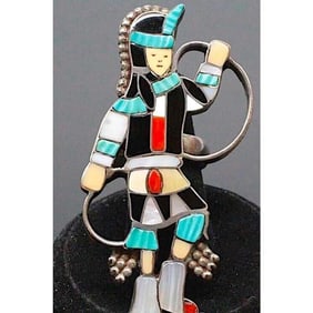 Old Pawn Zuni Inlay Hoop Dancer Ring Size 7 Sterling Silver Signed Native VTG