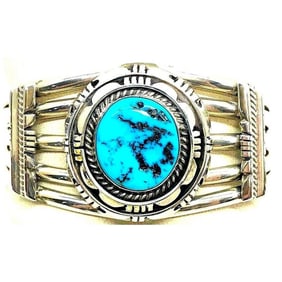 VTG Navajo Sterling Kingman Turquoise Statement Cuff Bracelet L Spencer 82G 7"
