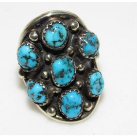 Navajo Kingman Turquoise Cluster Ring Size 7 Sterling Silver Native Signed