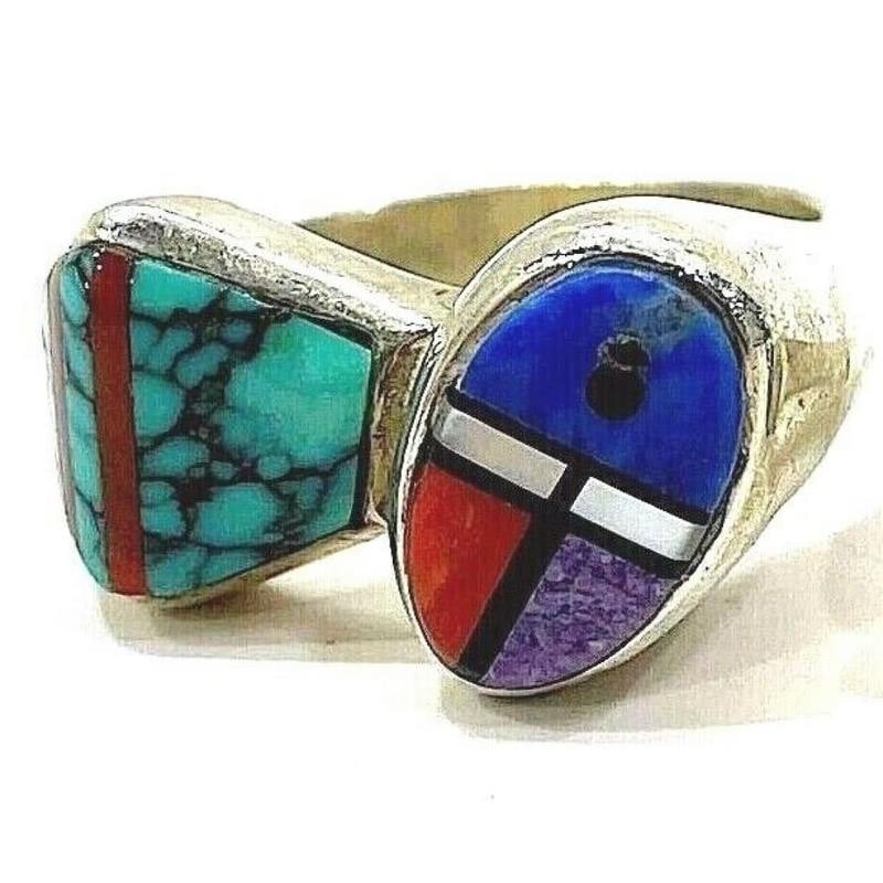 Vintage Navajo Inlay Ring Sz 6.5 Sterling Turquoise Coral Lapis Elgin Hoskie (1 of 5)