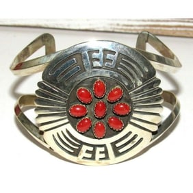 Navajo Coral Cluster Bracelet Sterling Silver Native American