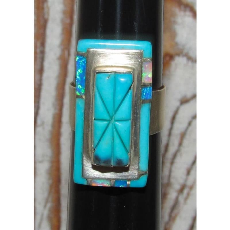 VTG Zuni Turquoise Opal Inlay Sterling Silver Ring Sz. 8 (1 of 4)