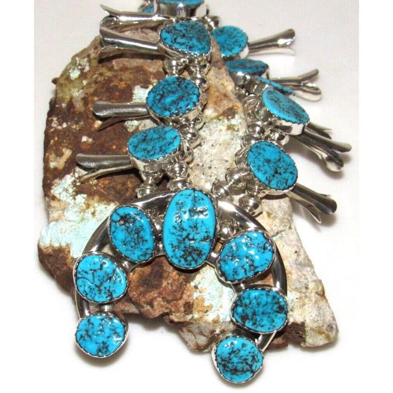 Navajo Squash Blossom Necklace Kingman Turquoise Necklace Sterling Silver (1 of 6)