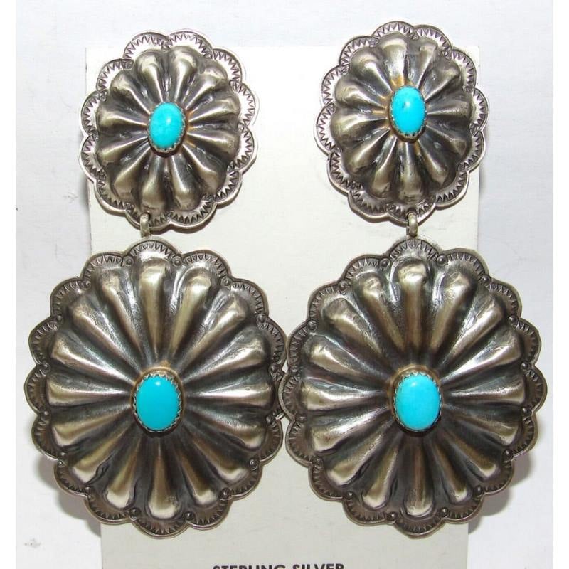 Navajo Statement Concho Earrings Sterling Silver Sleeping Beauty Turquoise 3"L (1 of 4)