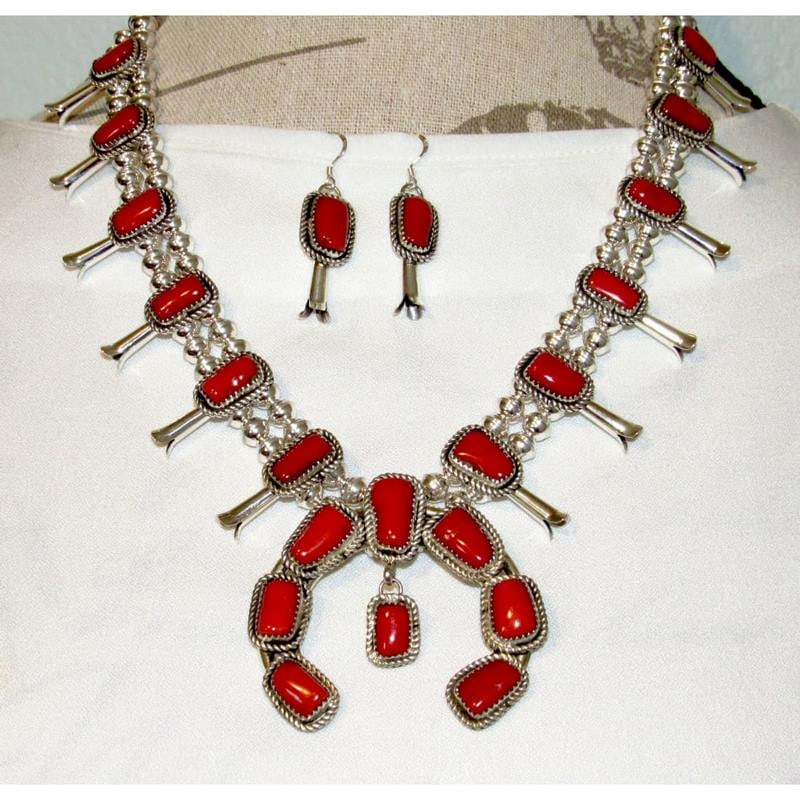 Navajo Mediterranean Coral Squash Blossom Necklace & Earrings Set Sterling (1 of 3)