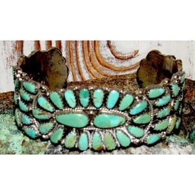 VTG Navajo Larry Moses Begay Cluster Cuff Bracelet Turquoise Sterling Silver