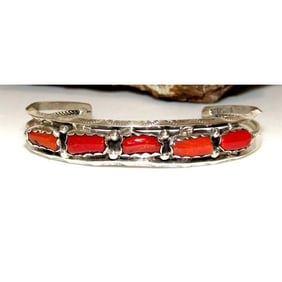 Navajo Mediterranean Coral Stacker Cuff Bracelet Sterling Silver Native American