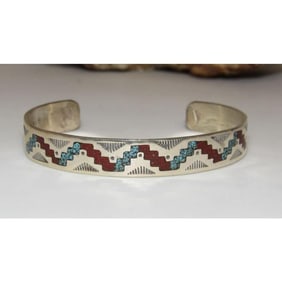 Navajo Turquoise Coral Inlay Stacker Cuff Bracelet Sterling Silver R Bagay