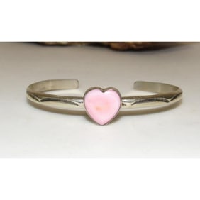 Navajo Pink Conch Heart Bracelet Stacker Sterling Silver Cuff G. Jones