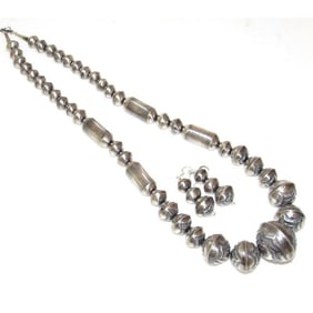 Navajo Pearls Hand Stamped Necklace & Earrings Set Sterling Silver Saucer Beads