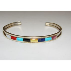 Zuni Turquoise Multi Stone Inlay Stacker Cuff Bracelet Sterling A. Wallace