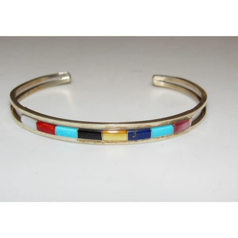 Zuni Turquoise Multi Stone Inlay Stacker Cuff Bracelet Sterling A. Wallace (1 of 4)