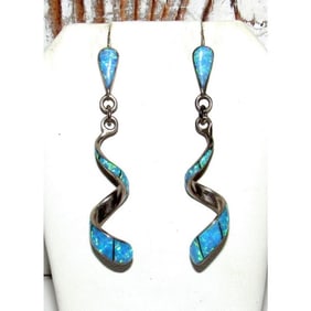 Navajo Opal Inlay Spiral Dangle Earrings Sterling Silver Signed
