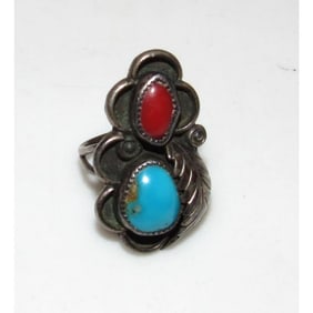 Old Pawn Navajo Turquoise Coral Ring Size 7 Sterling Silver Native American