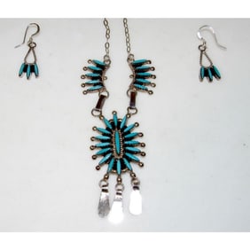 Zuni Turquoise Necklace and Earrings Set Sterling Silver Sleeping Beauty Mine