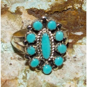 Zuni Turquoise Cluster Ring Sz 9 Sterling Silver Native American