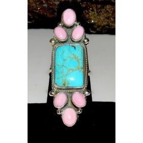 Navajo Turquoise Pink Conch Cluster Ring Adjustable Size 7.5 Sterling M. James