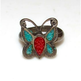 VTG Navajo Butterfly Ring Sz 5 Sterling Turquoise Coral Inlay