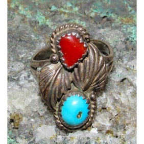 Old Pawn Navajo Turquoise Coral Ring Size 6 Sterling Silver Native